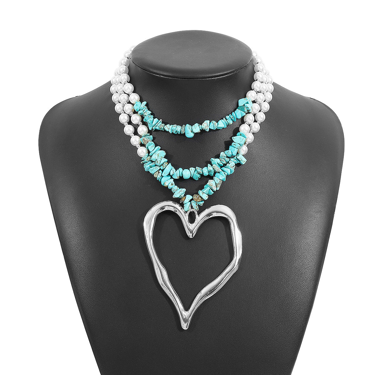 Wholesale Bohemian Multi-layered Large Heart Beaded Turquoise Necklace